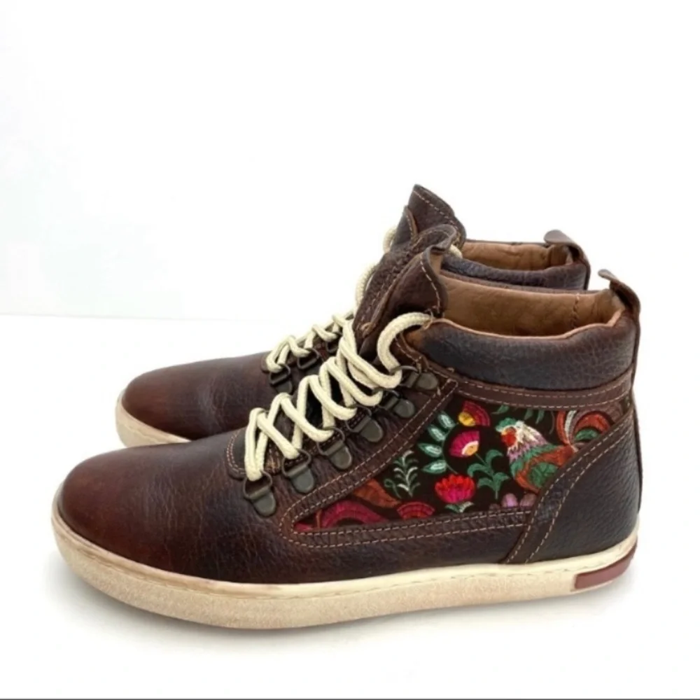 Inkkas Rooster Floral Camping Leather Hi Top Hiking Boot Sneakers Brown Size 8